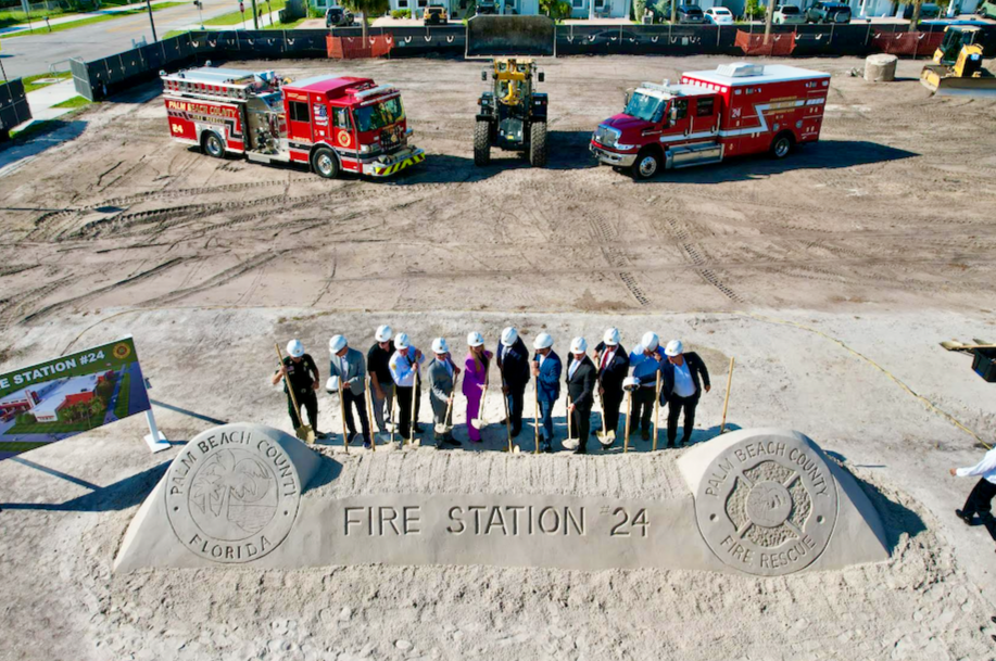 Drone photo of a groundbreaking sculpture for a new fire station in Palm Beach County, FL.