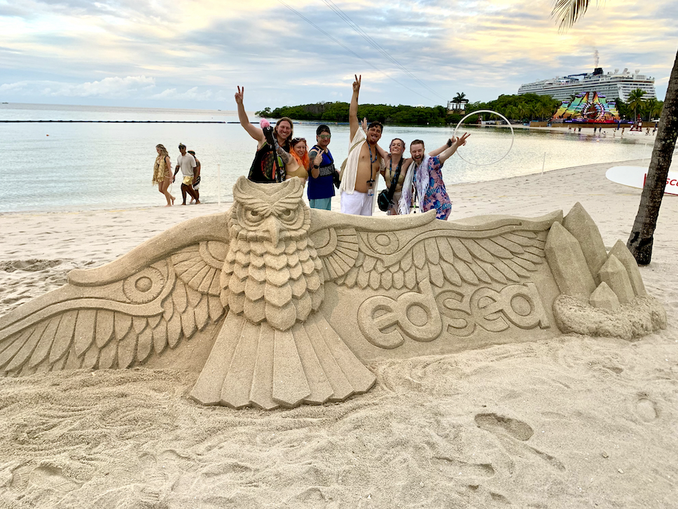 A photo-op sand sculpture created on the beach in Belize for the EDSea music festival.