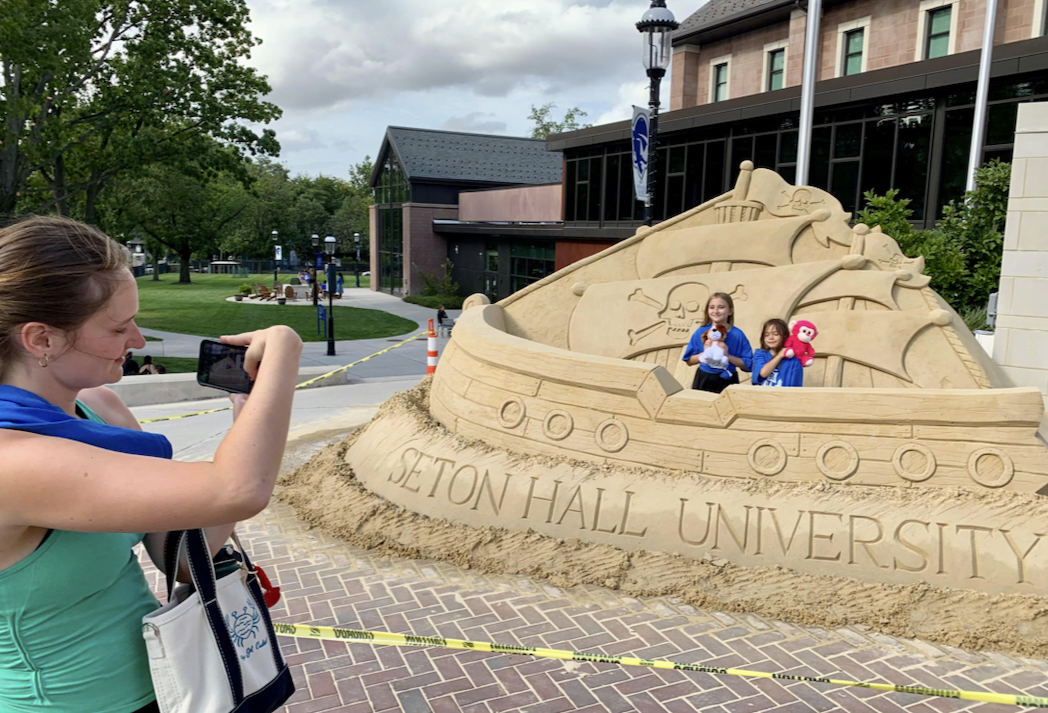 A pirate ship photo-op sand sculpture made at Seton Hall University in New Jersey.  This was part of their new student orientation celebration.  Their mascot is a pirate.