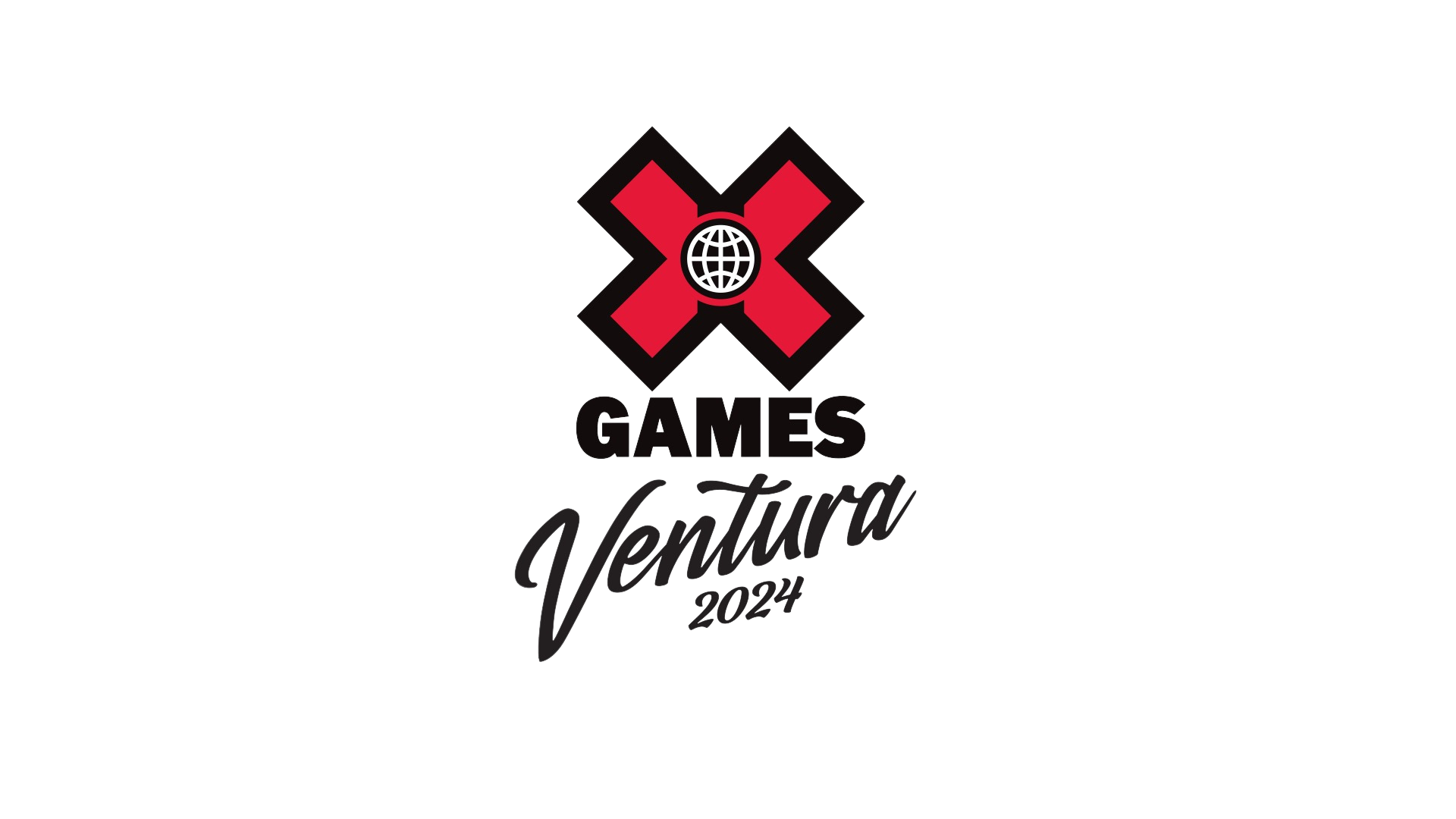 Logo for X Games Ventura 2024 with red and black design, featuring a globe within an 'X' at the top, and the event name written below. Snobby Plants provide plant rentals for the X Games Ventura.