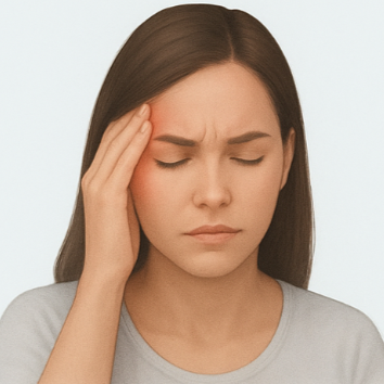 Woman with long dark hair holding her temple, appearing to have a headache or feeling of pain