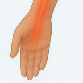 A hand with an illustration of an orange bolt along the arm.