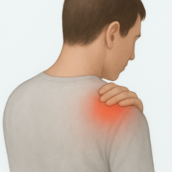 A person holding their right shoulder with a red area indicating pain or discomfort.