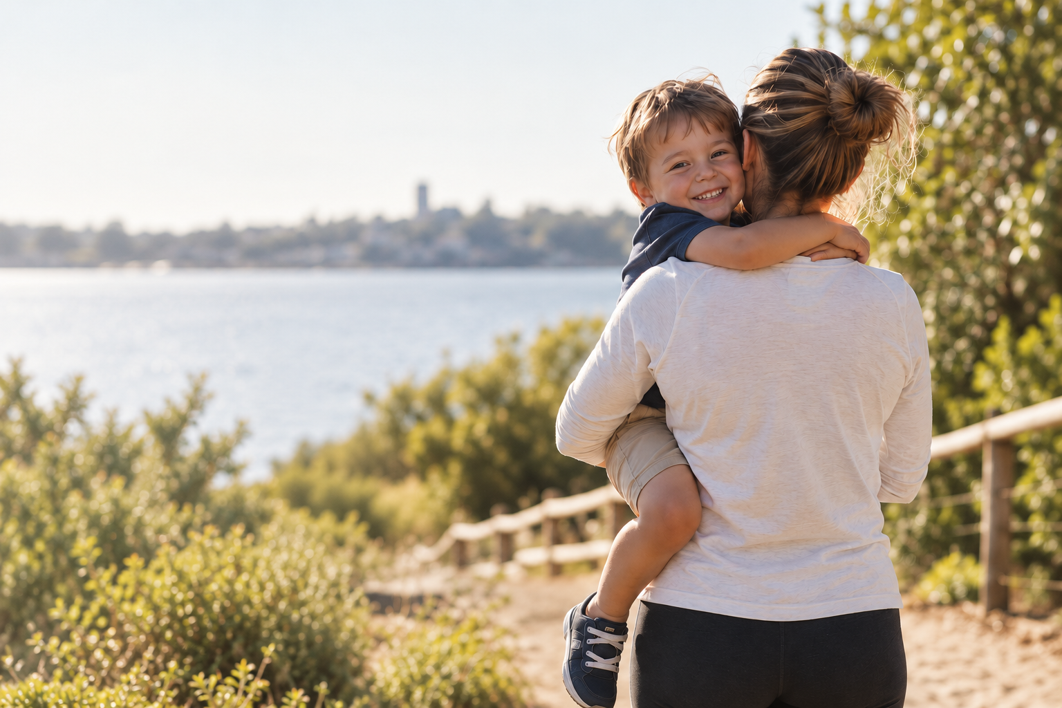 Mother carrying her young child outdoors