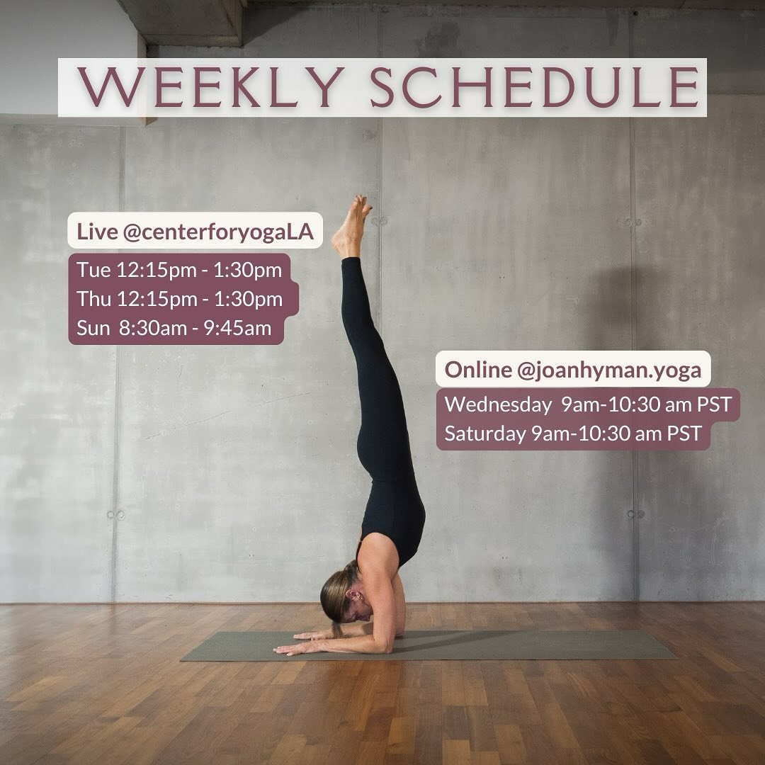 Hi Yogis,

Please join me this week for practice. I am offering 5 classes, 3 live, and 2 online:

** LIVE at The @centerforyogala**
- Tuesday &amp; Thursday at 12:15-1:30pm 
- Sunday at 8:30am-9:45am

**ONLINE at Joanhyman.yoga**
- Weds &amp; Saturda