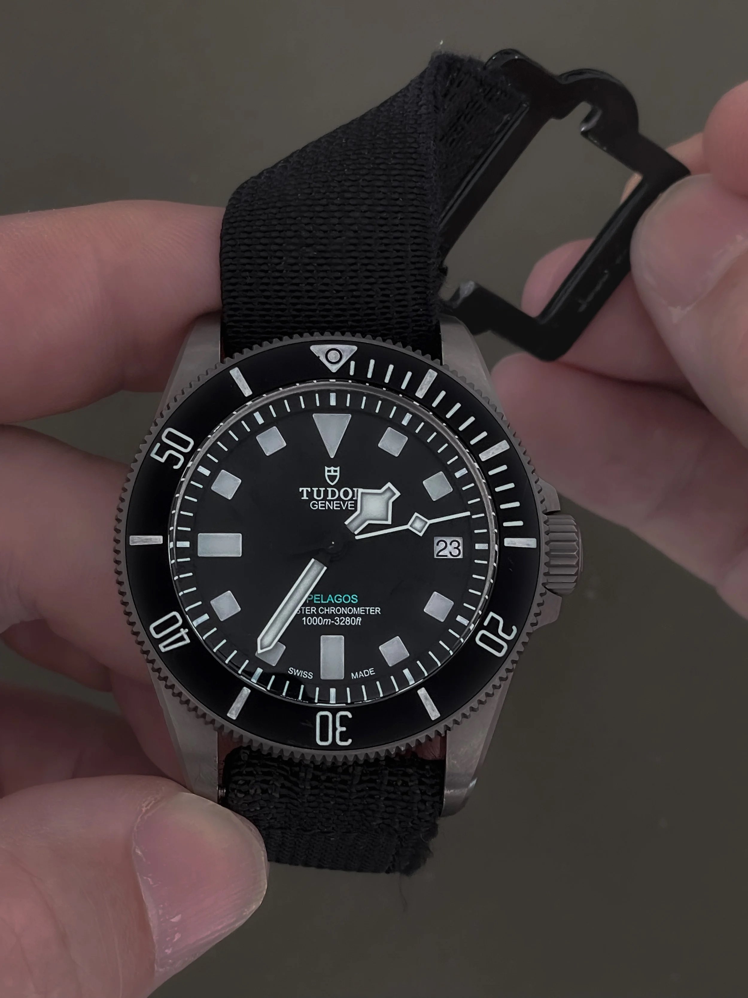 A black Tudor Pelagos diving watch with a rotating bezel, black strap, and a black dial displaying time, date, and luminous markers. The watch is held in a person's hand.