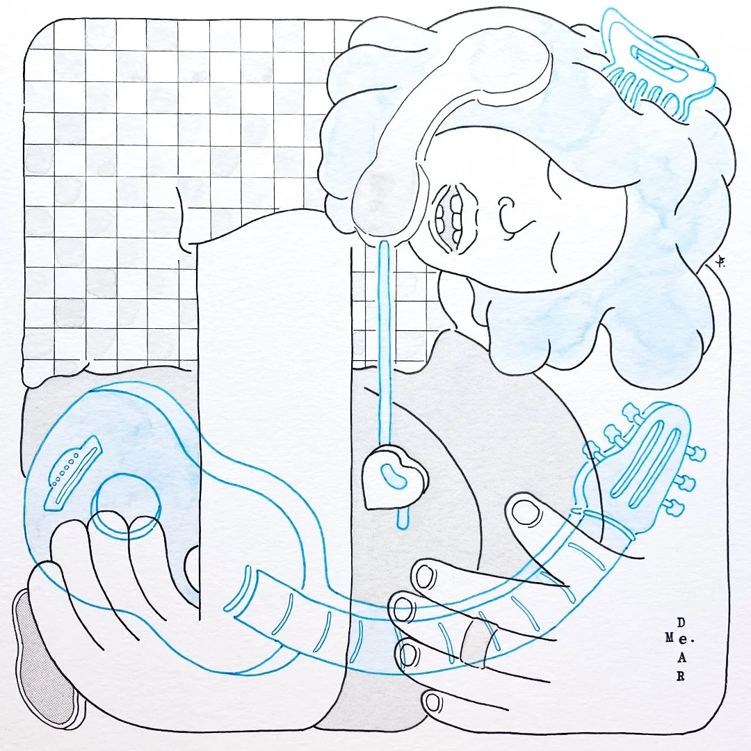 &quot;Dear, Me.&quot;
10&quot; x 10&quot; ink, watercolour, and screentone on paper

Back again with this year's submission for the @deptofillumination annual 10x10 art show! 

Absolutely love the vibe of this piece, channelling grunge rock, fall mel