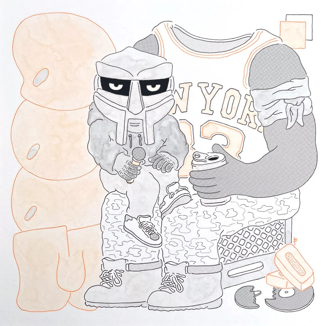 &quot;Vaudeville Ventriloquist&quot;
10&quot; x 10&quot; ink, watercolour, and screentone on paper. 
$75 (available at Worth Gallery)

Cooked up a small piece for the upcoming @worth_gallery MF DOOM tribute art exhibition. 

With this one I wanted to