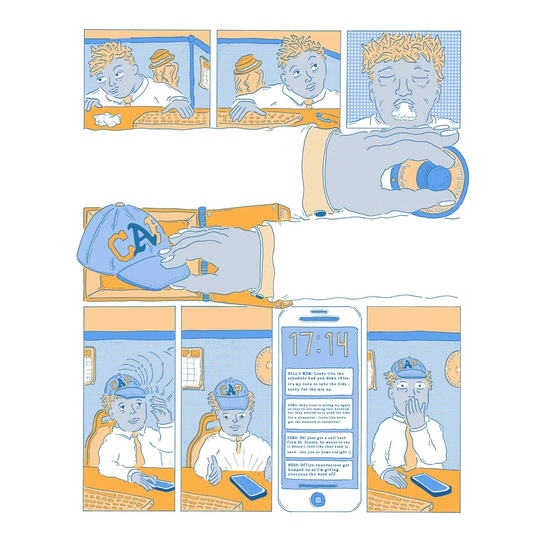 &quot;Thinking Cap&quot;
14&quot; x 17&quot; ink and digital colour
[Page 2 of 7]

Happy Tuesday! The second page of the newest entry in my comic anthology &quot;Writey Drawie,&quot; where each comic is based on a story idea submitted by a fellow art