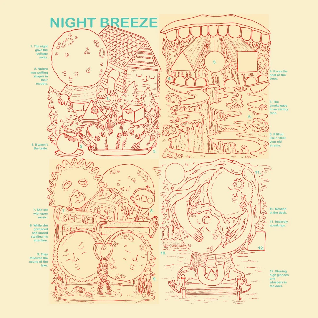 "Night Breeze"
14" x 17" ink on paper and digital colour

Just wrapped up the latest entry in my comic anthology "Writey Drawie," where each comic is based on a story idea submitted by a fellow artist and then interprete