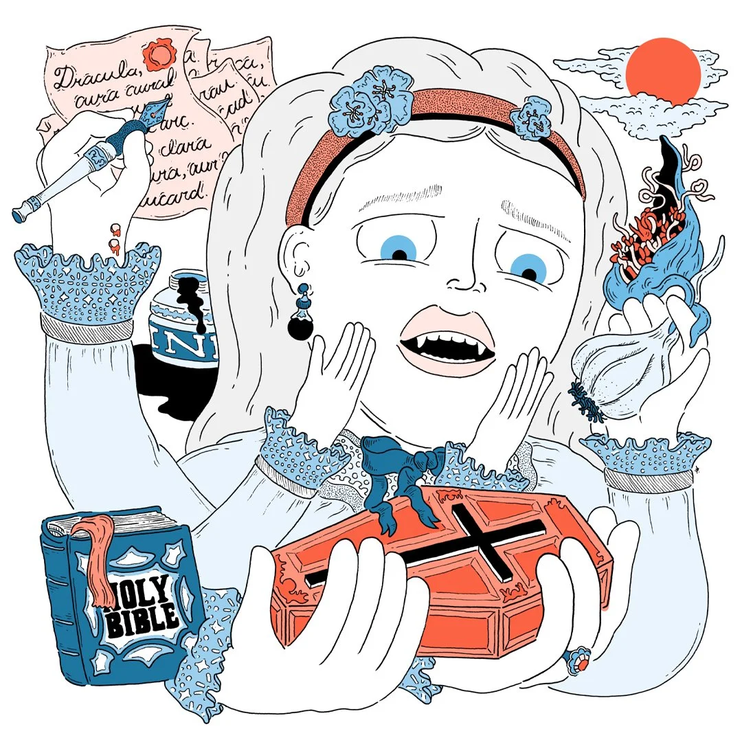 "Unholy Night"
12" x 12" ink and pencil crayon on paper
[SOLD]

For the 14th edition of our 12x12 group show I somehow got the idea I wanted to explore the world of interactive and pop-up books. Having just read Dracula for the fi