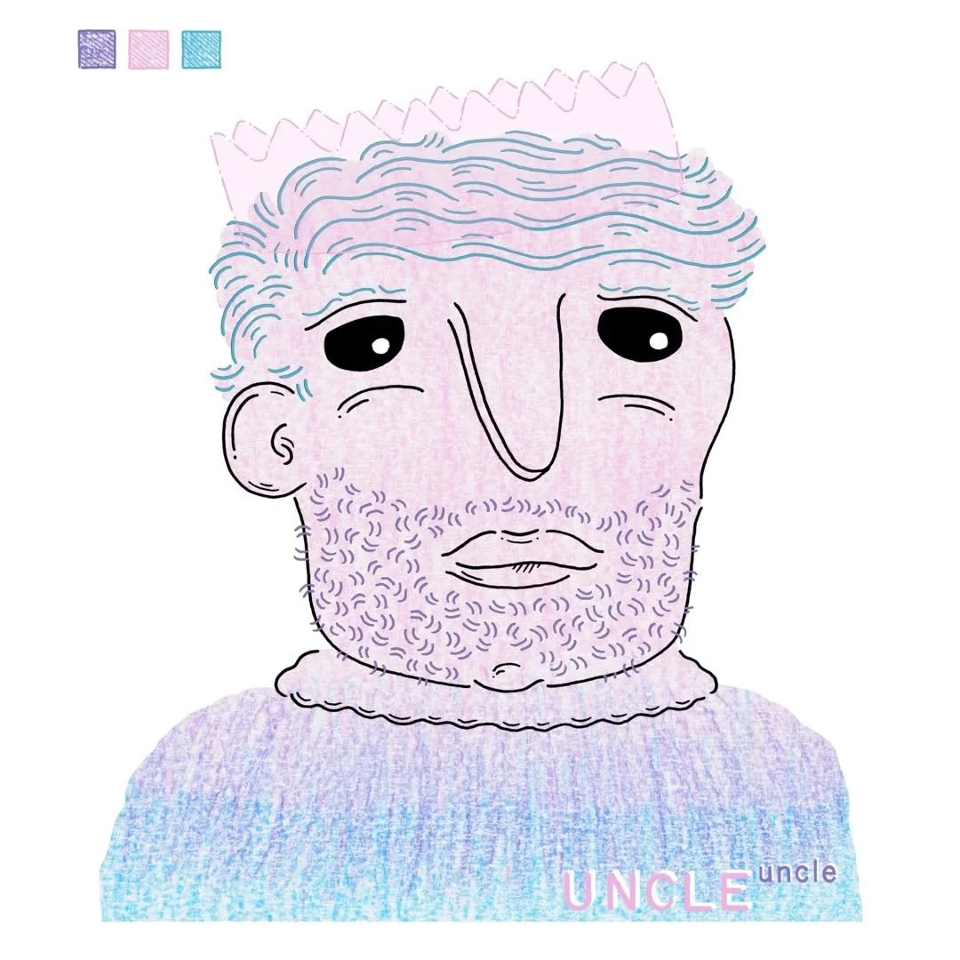 "Uncle"
9" x 10" ink and crayon on paper, digitally composed in procreate

Another fun pull from the sketchbook today - a portrait drawn from memory shortly after a very dear friend passed away last year. Loved the rough backgroun