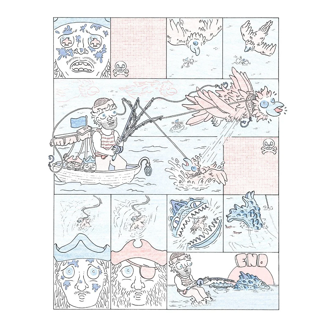 "Pirates!" (Page 2/2)
14" x 17" ink and pencil crayon on paper

Wrapped up the exciting conclusion to the latest entry in my comic anthology "Writey Drawie," where each comic is based on a story idea submitted by a fello