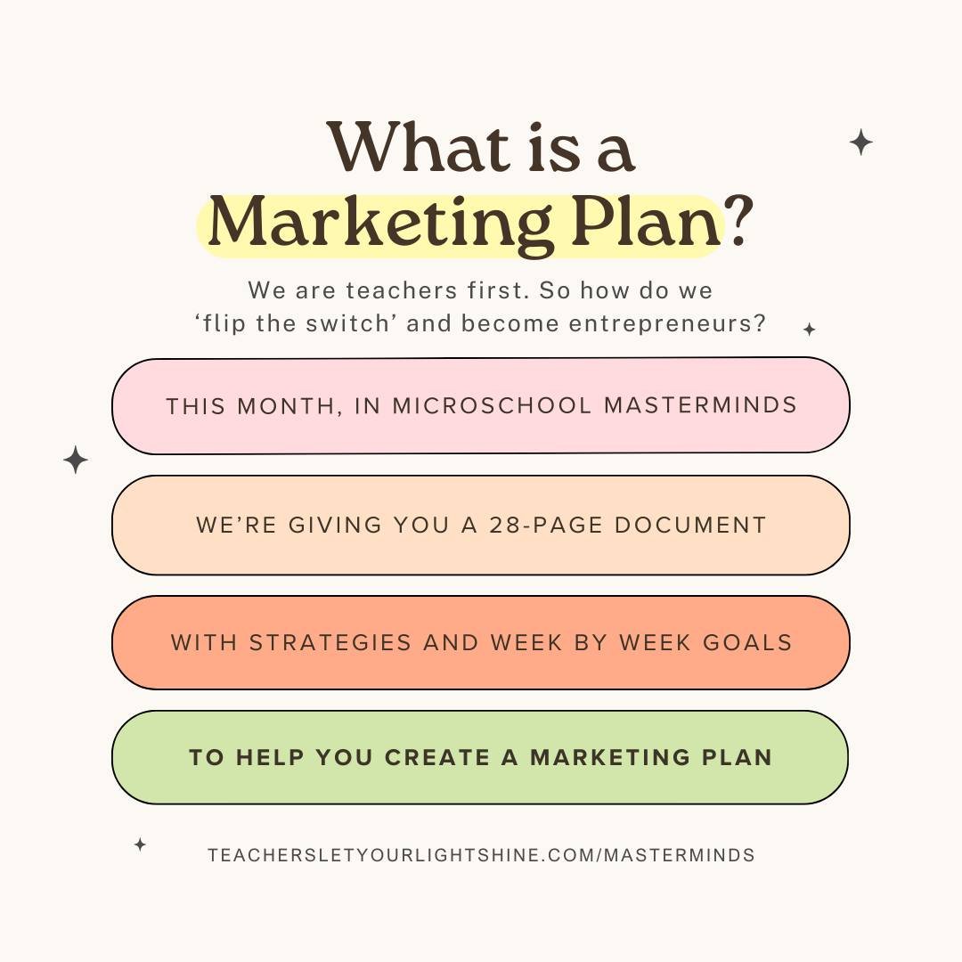 Have you always struggled with marketing? 😟

This month, in Microschool Masterminds, we've given our Masterminds a 28-page Marketing Analysis, Strategies, and Week by Week Plan. This plan is nothing you've ever seen before and is SO HELPFUL when it 