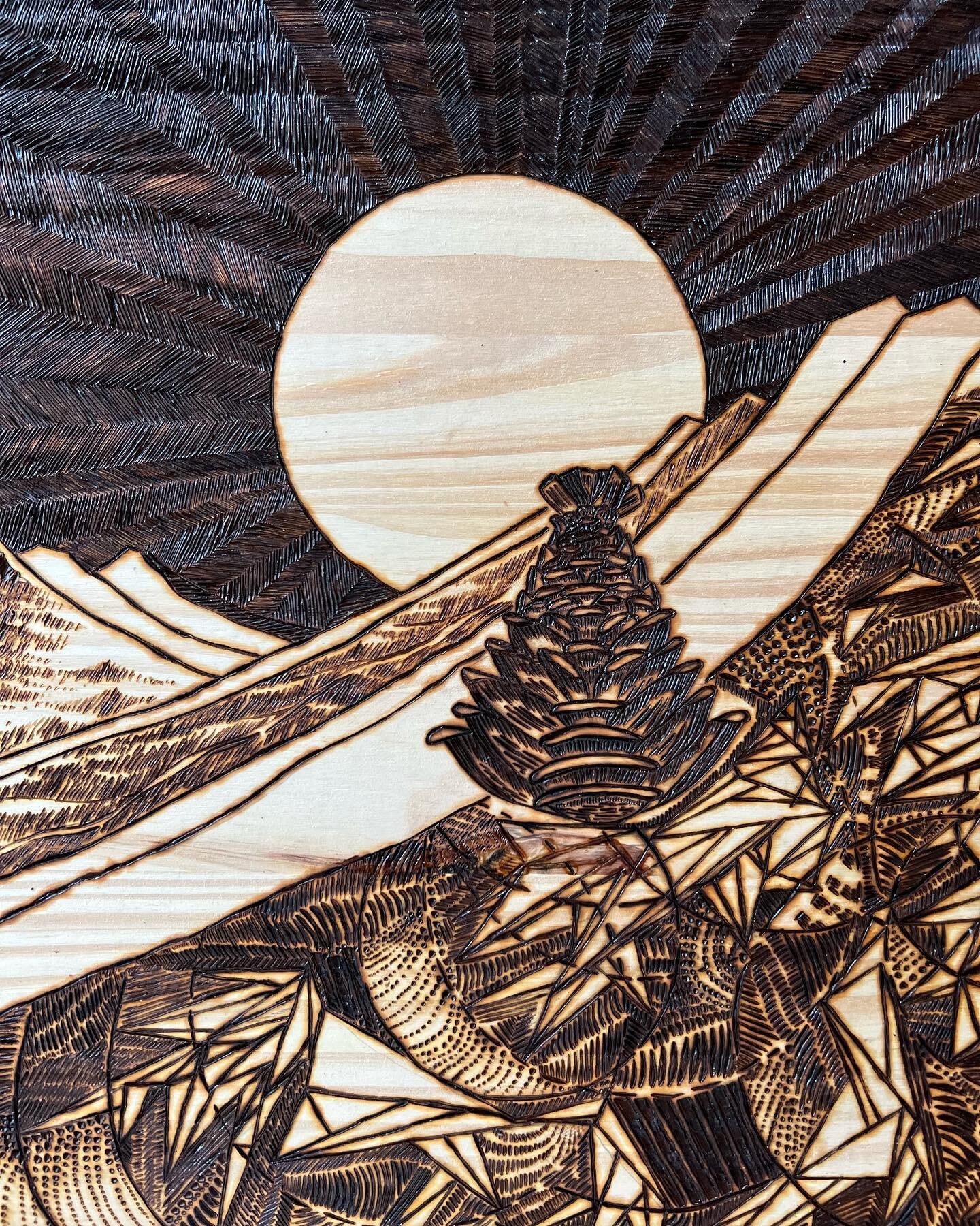 Today&rsquo;s progress✨

Next stop: color station, woo woooo🚂
What are you working on today?

&gt;
&gt;
&gt;
&gt;
&gt;
&gt;
&gt;
&gt;
#thegrizzledmoon #woodburningart #woodburningartist #pyrographyart #pyrographyartist #mountainart #mountainartist #