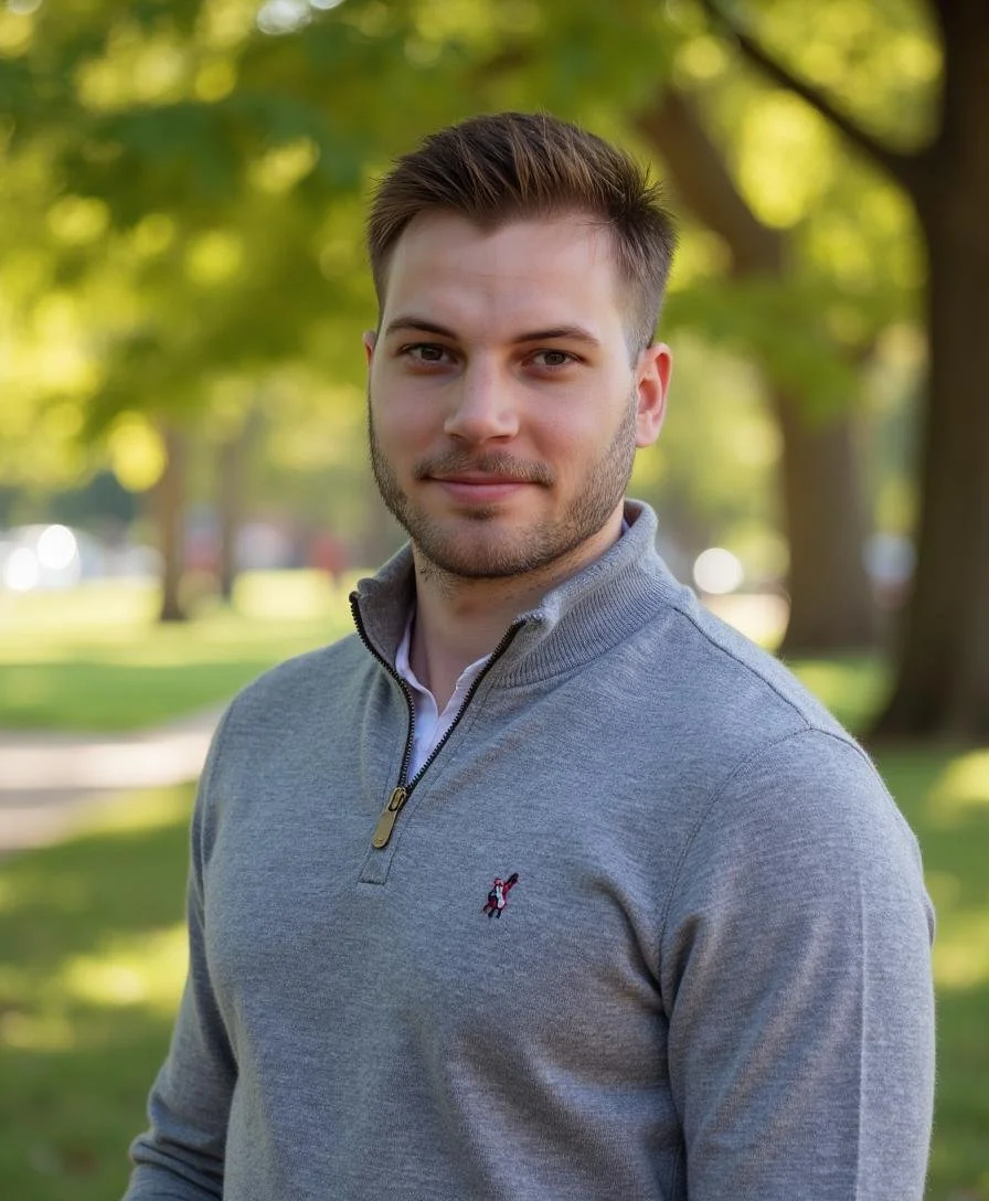 A young man with short brown hair and a beard, wearing a gray quarter-zip sweater, standing outdoors in a park with trees and sunlight in the background.