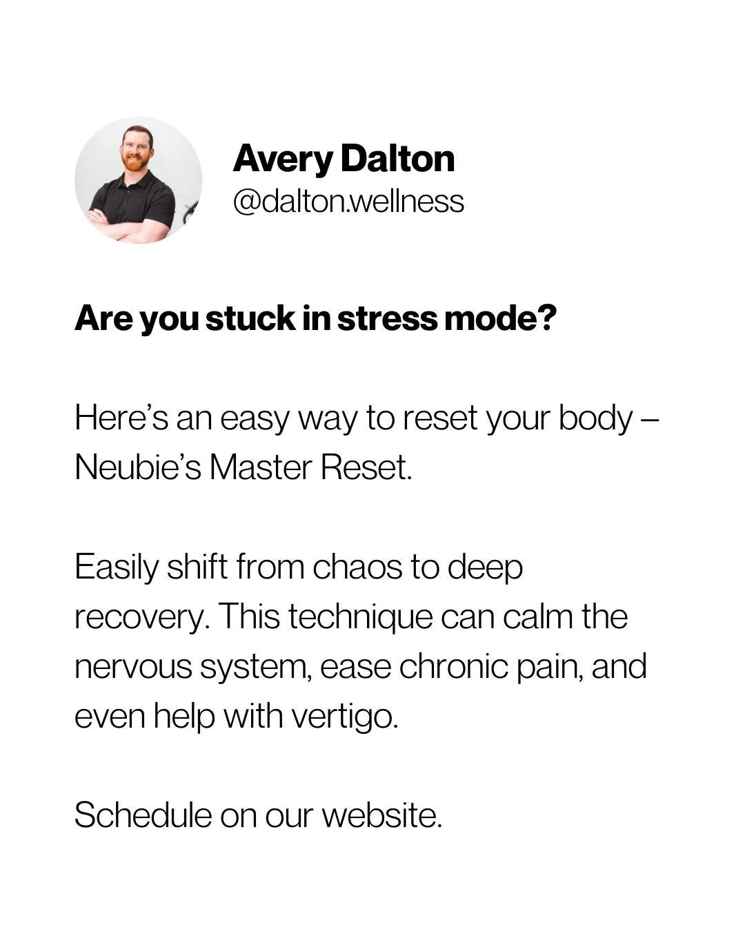 The @neufitrfp Master Reset. 👏

It's a technique that helps calm your overworked nervous system &mdash; especially when pain or stress has your body stuck in overdrive. 🤯

By shifting you from a sympathetic (stressed) state into a parasympathetic (