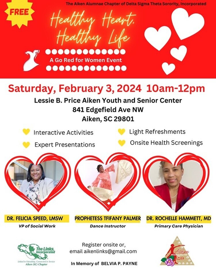🗣️February is American Heart Month! ❤️ &hearts;️

Can you spare a couple of hours on Saturday, February 3, 2024?  If, so, join The Aiken (SC) Chapter of The Links, Incorporated and The Aiken Alumnae Chapter of Delta Sigma Theta Sorority, Incorporate