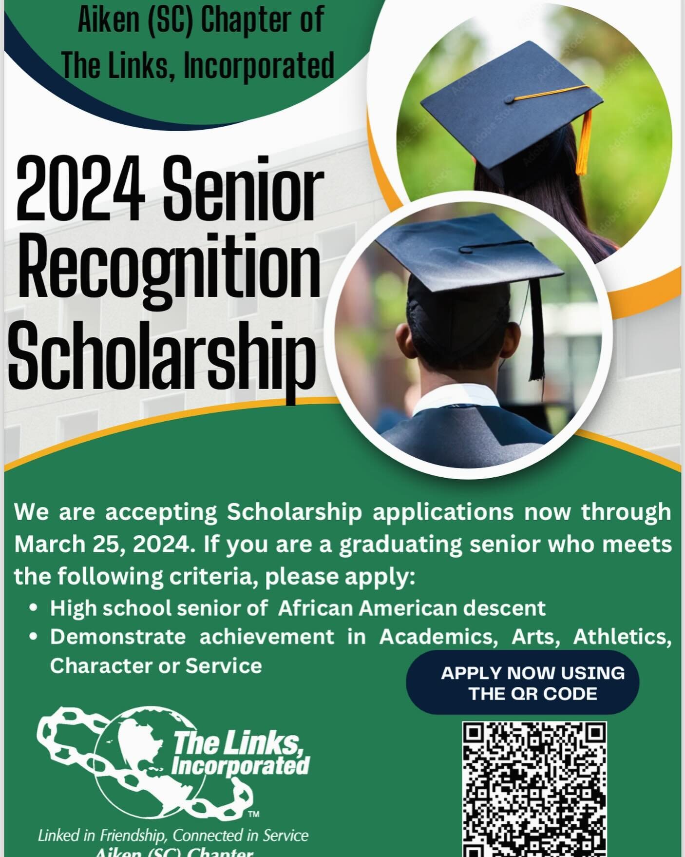 The Aiken (SC) Chapter is accepting applications for our 2024 Senior Recognition Scholarship. Apply now by using the QR Code. Deadline is March 25, 2024 #salinksinc #linksinc