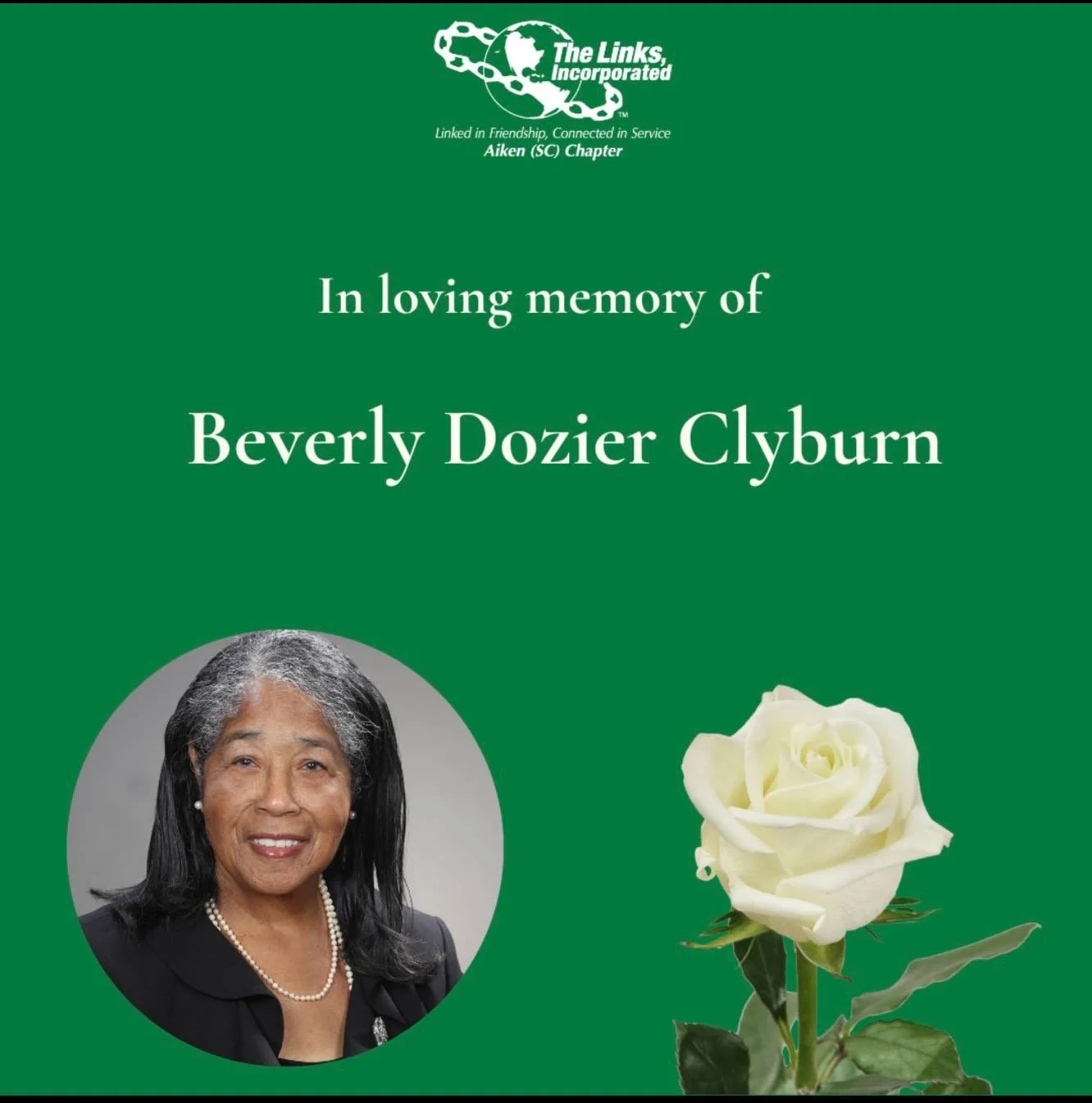 The Aiken (SC) Chapter of The Links, Incorporated announces with deep sadness the passing of our beloved Charter President and Platinum Alumna member, Beverly Dozier Clyburn, who transitioned on January 30, 2026. Over the course of her 37 years of me