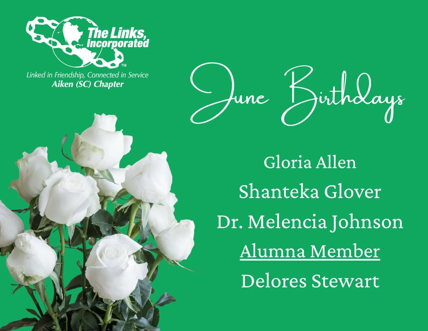 The Aiken (SC) Chapter asks you to join us in wishing Happy Birthday to our members celebrating birthdays this month 💚🤍🔗