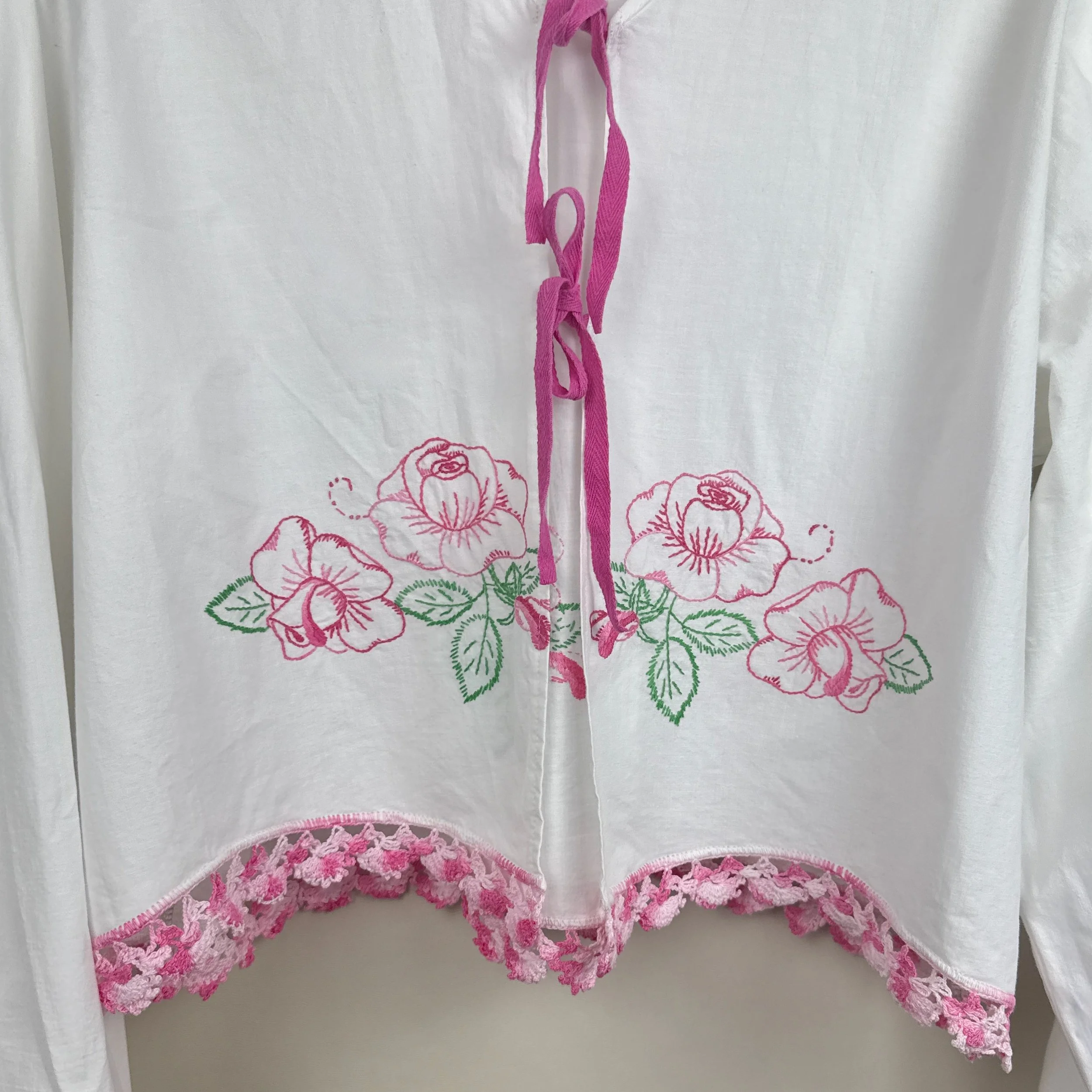 Handmade sustainable blouse with tie-front and cinched sleeves, eco-friendly fashion XXL.