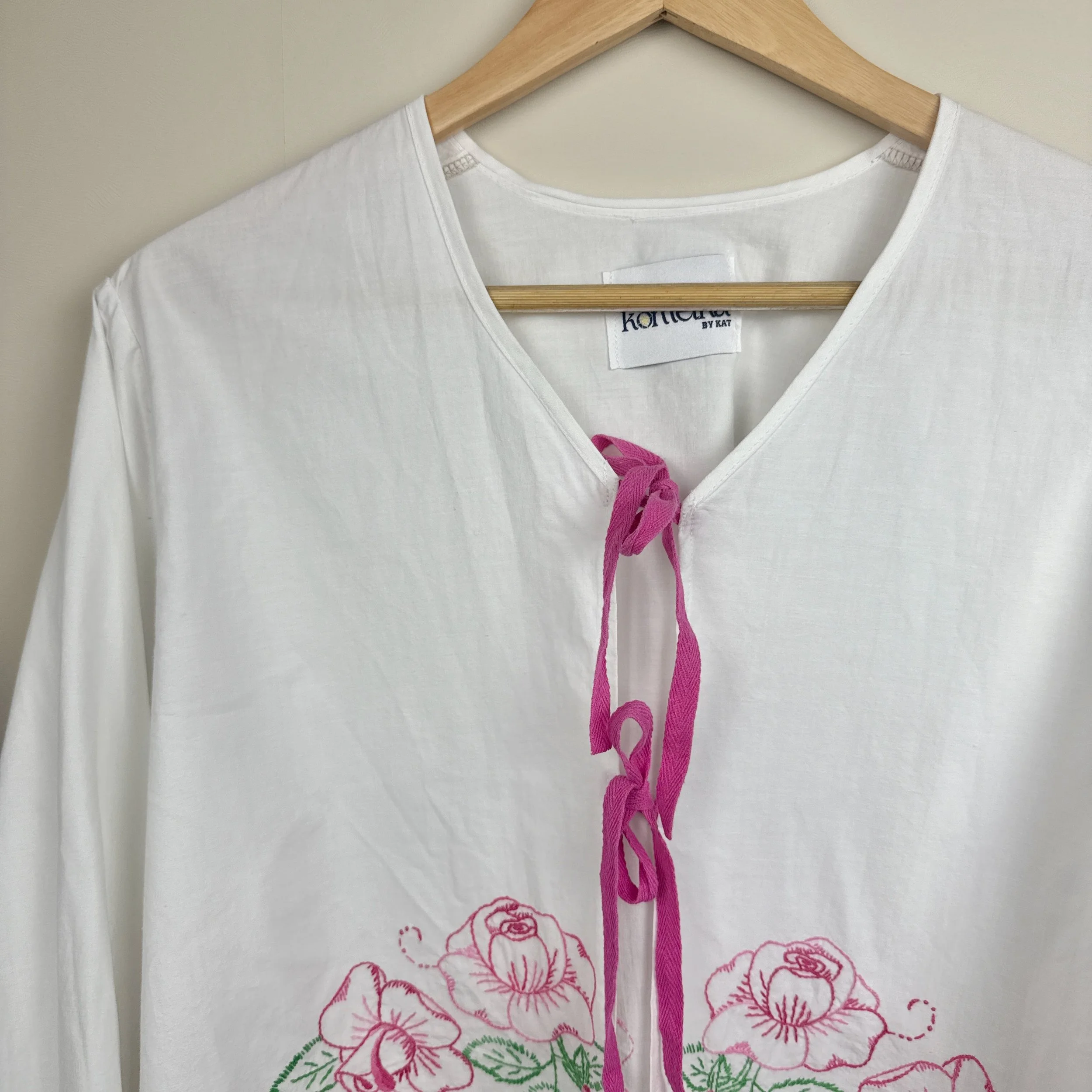 Handmade sustainable blouse with tie-front and cinched sleeves, eco-friendly fashion XXL.