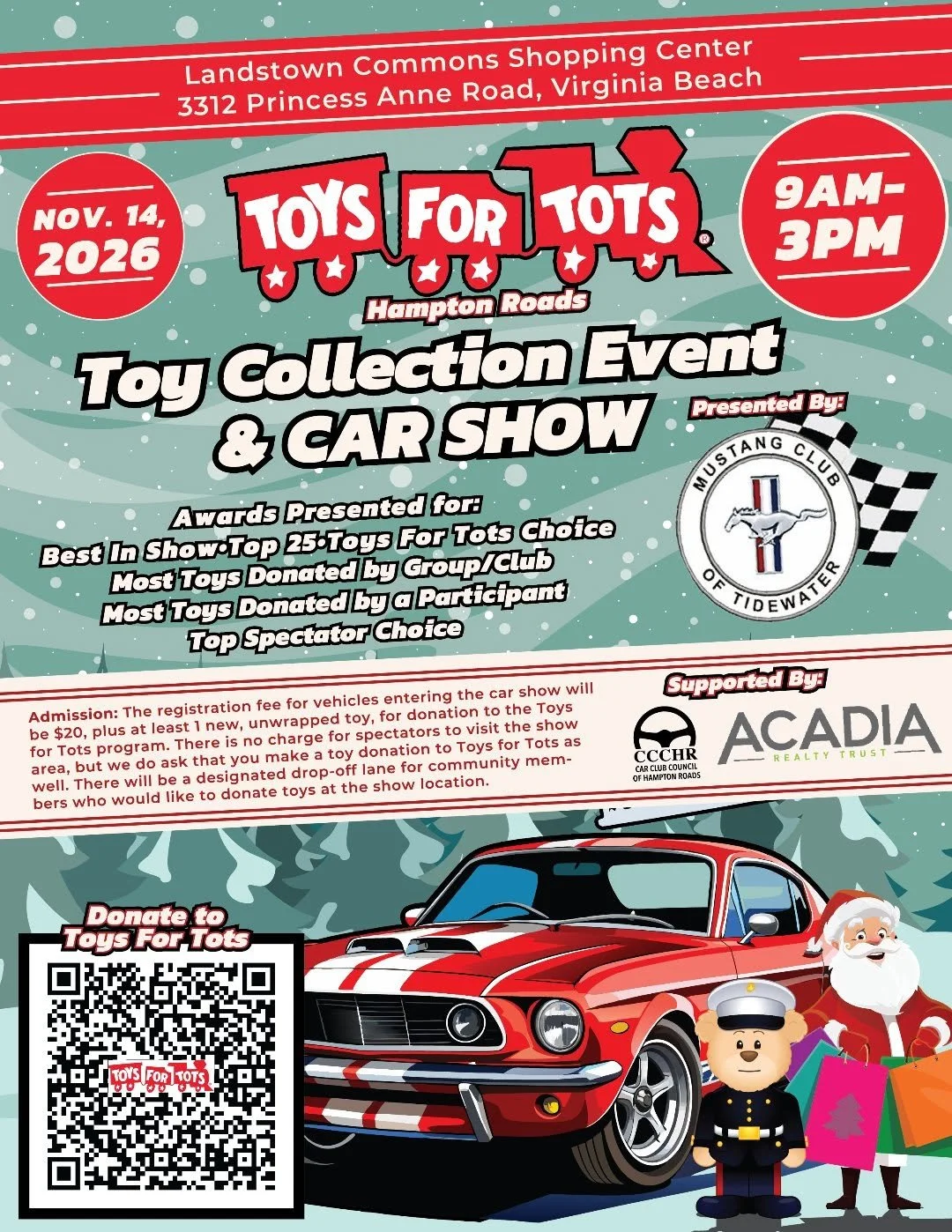 Toys for Tots Hampton Roads Official Toy Collection Day and MCT All Makes and Models Car Show | Nov. 14th