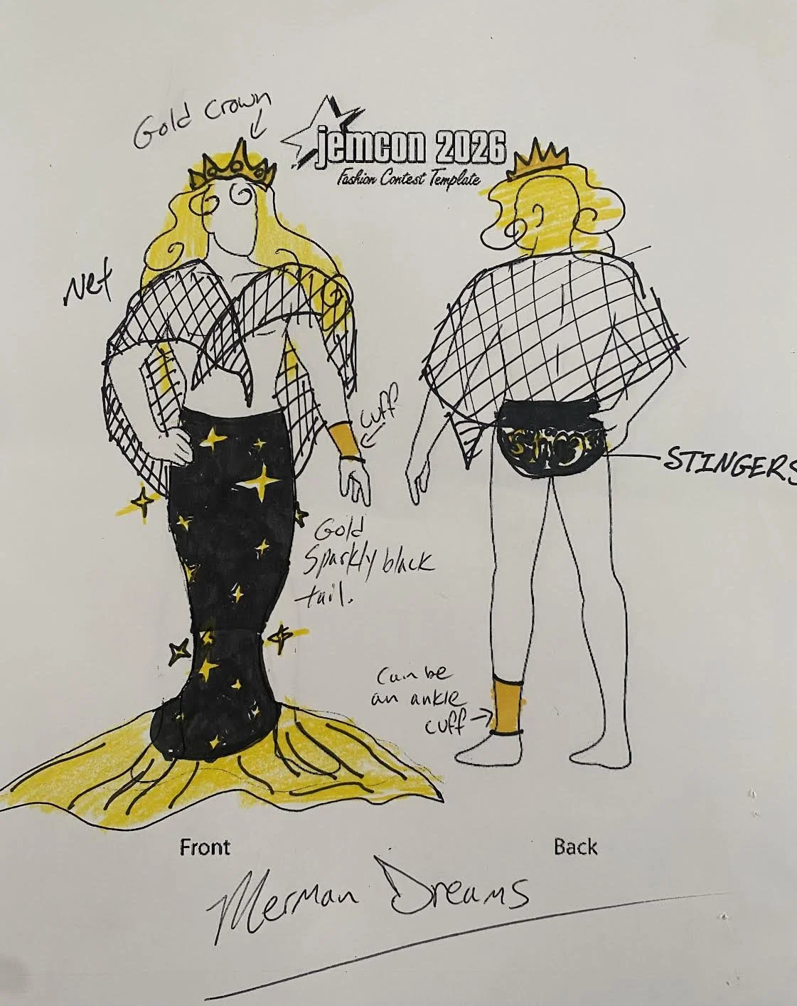 "MERMAN DREAMS" 
What screams Beach Royalty more than the king of the seas himself? This design transforms Rio into an ocean sovereign with a gold crown, dramatic black fishnet shawl, and matching cuff bracelets. The showstopper is a shimmering black