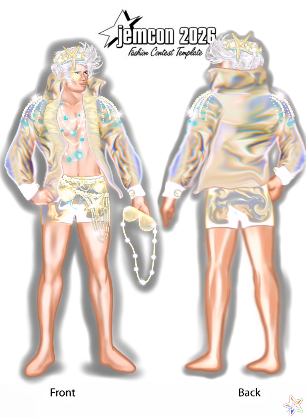 "IRIDESCENT KING"
This design captures Beach Royalty through pure shimmer and shine. An iridescent holographic jacket catches the light like sun on ocean waves, paired with crisp white shorts detailed with coordinating iridescent accents. A statement