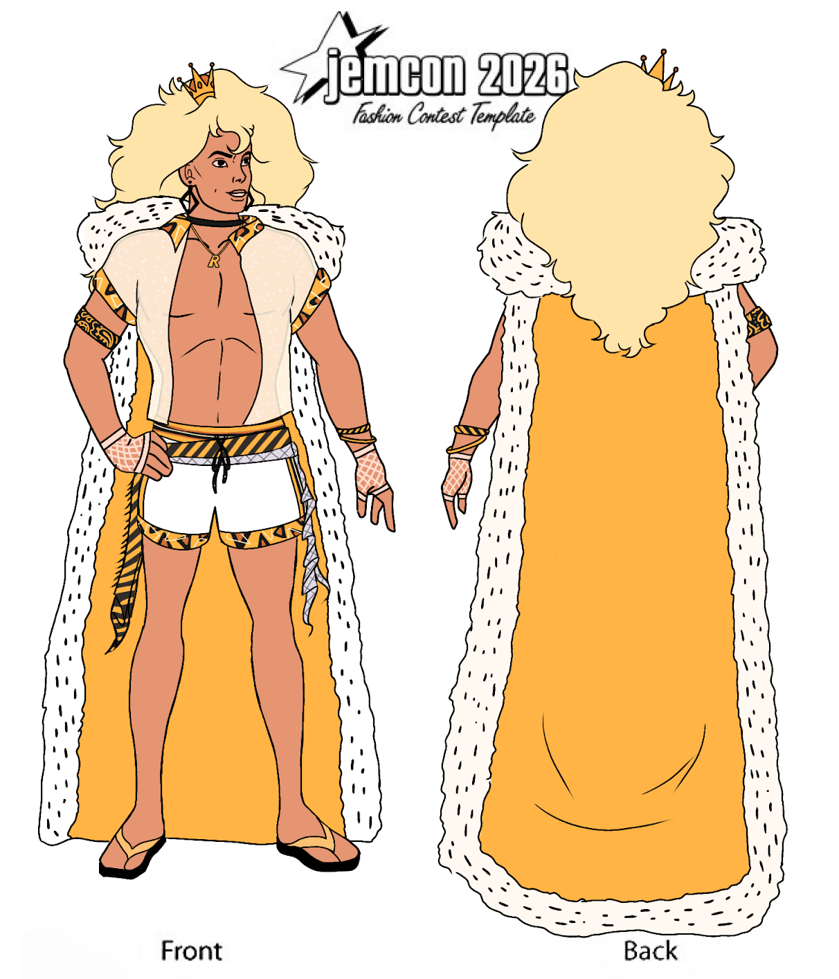 "CAPE ROYALTY"
This regal beach look channels pure coastal sophistication with a sheer, glittery open button-down top trimmed in classic Stingers yellow and black patterns. The coordinating dolphin shorts feature the same bold trim, accented by styli