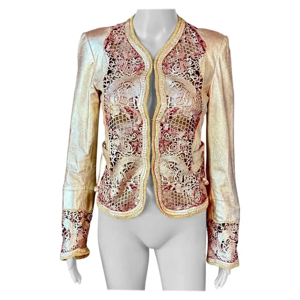Roberto Cavalli S/S 2007 Runway Chinoiserie Lasercut Leather Gold Jacket Coat