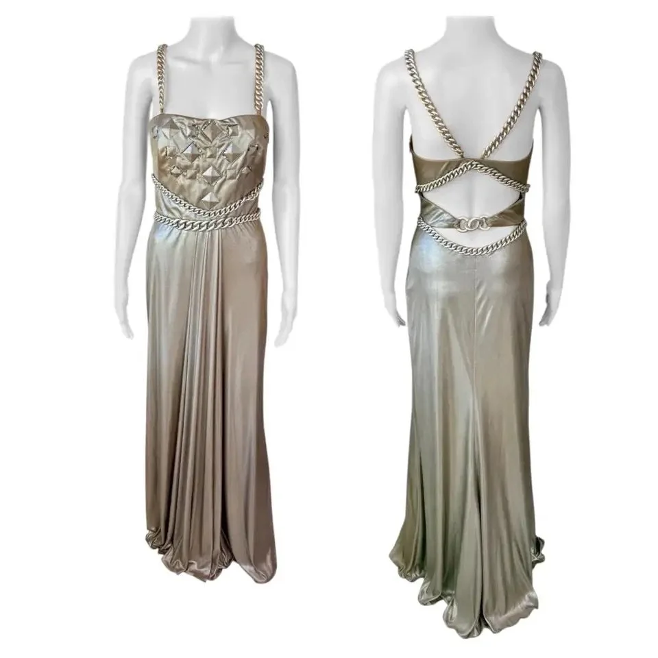Versace F/W 2007 Runway Campaign Chains Liquid Look Metallic Evening Dress Gown