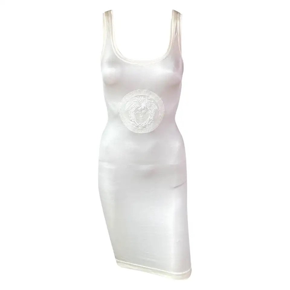 Gianni Versace S/S 1996 Medusa Logo Semi-Sheer Stretch Bodycon Pearl Ivory Dress