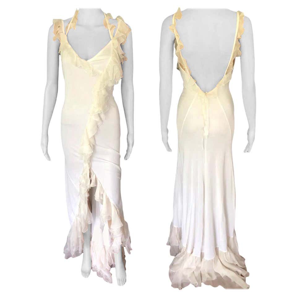 Versace S/S 2004 Plunging Open Back Ruffled Ivory Maxi Evening Dress Gown