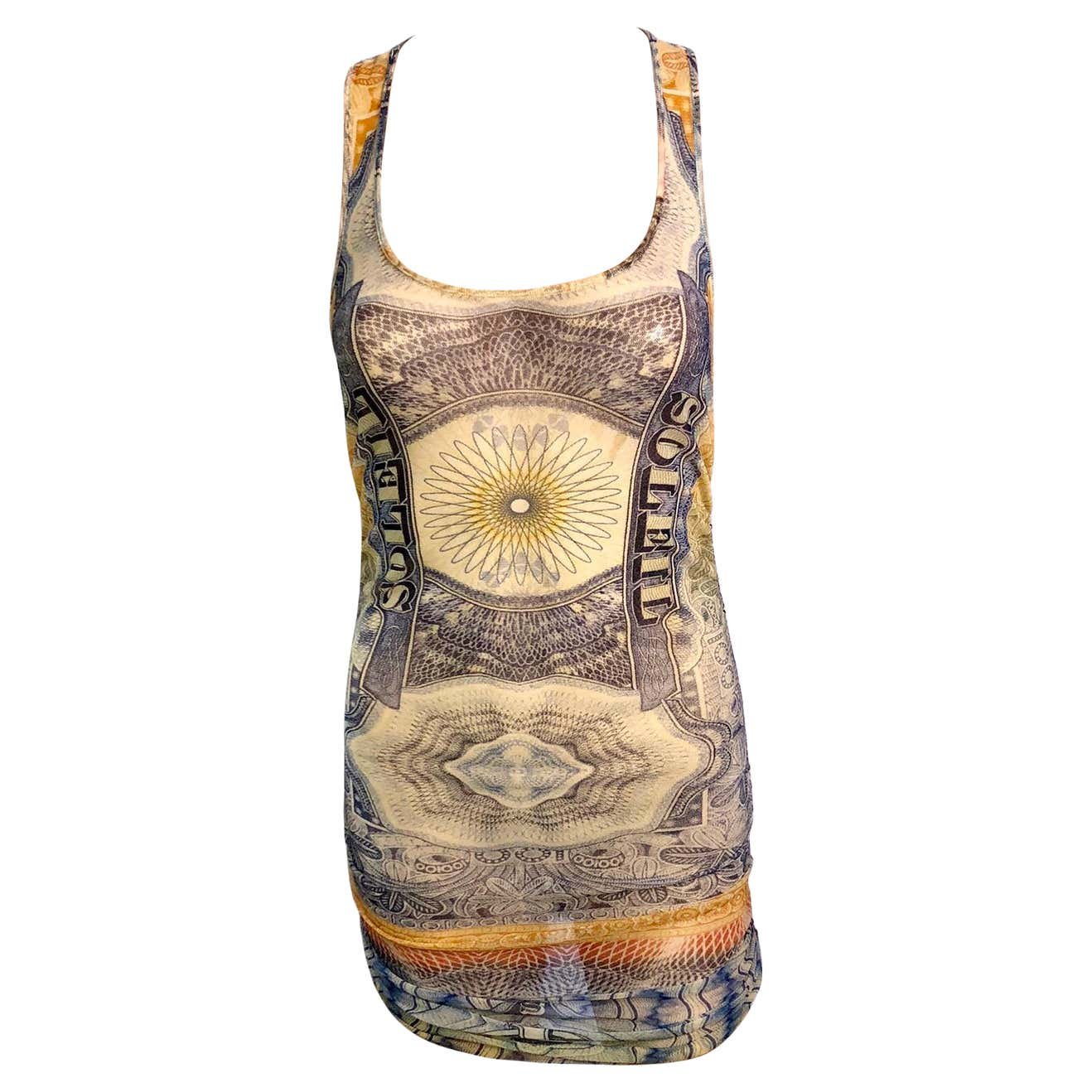 Jean Paul Gaultier Soleil Currency Money Print Semi-Sheer Mesh Tunic Mini Dress