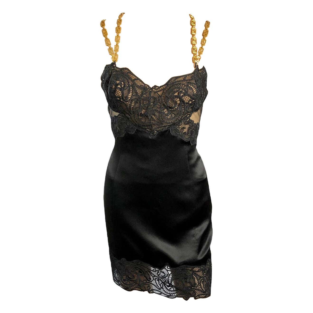 Versace Embellished Chain Link Lace Sheer Panels Black Mini Evening Dress