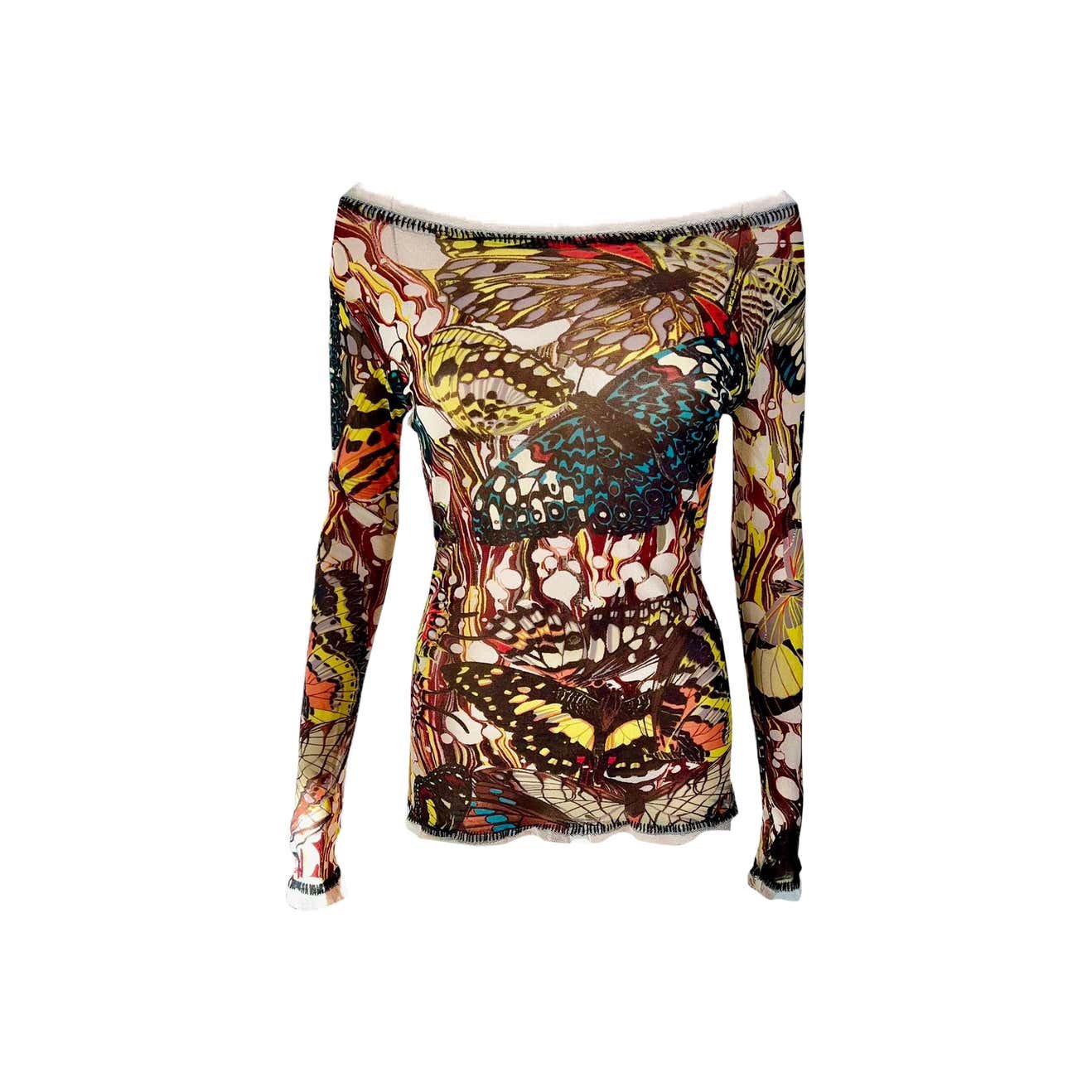 Jean Paul Gaultier S/S 2003 Unworn Butterfly Print Semi-Sheer Mesh Tunic Top
