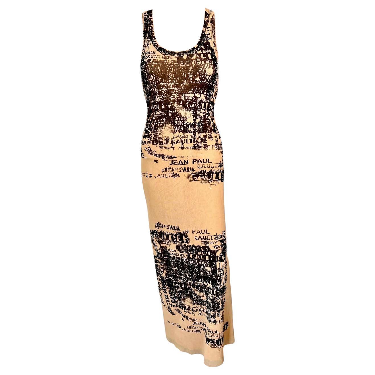 Jean Paul Gaultier S/S 1998 Vintage Calligraphy Logo Print Mesh Maxi Dress