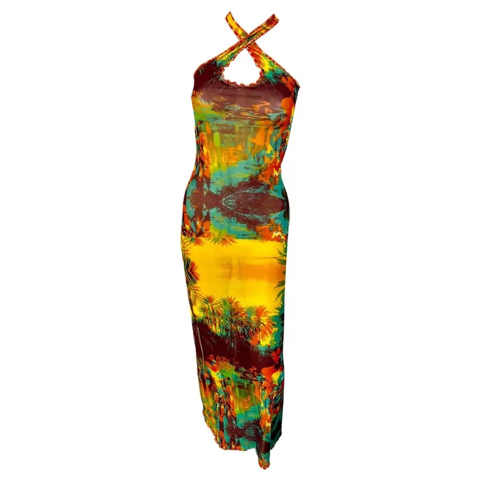 Jean Paul Gaultier S/S 2000 Vintage Psychedelic Print Sheer Bodycon Maxi Dress