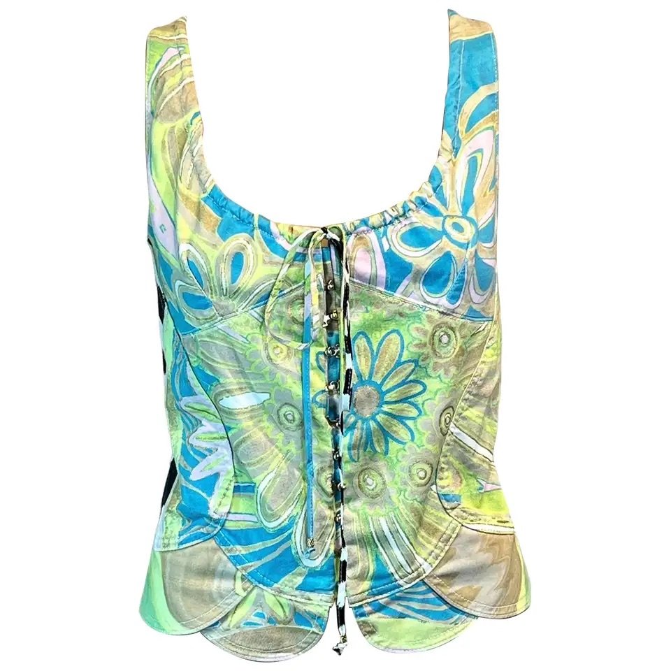 Roberto Cavalli S/S 2004 Bustier Corset Floral Abstract Print Crop Top