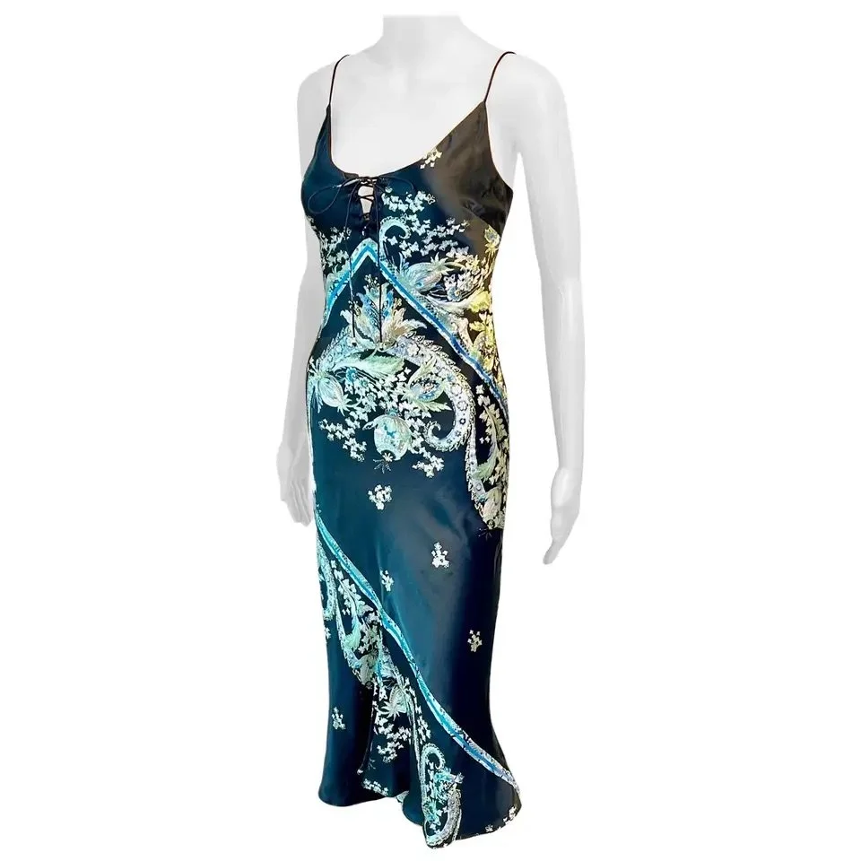 Roberto Cavalli S/S 2003 Lace Up Chinoiserie Print Silk Slip Midi Dress   OpulentAddict