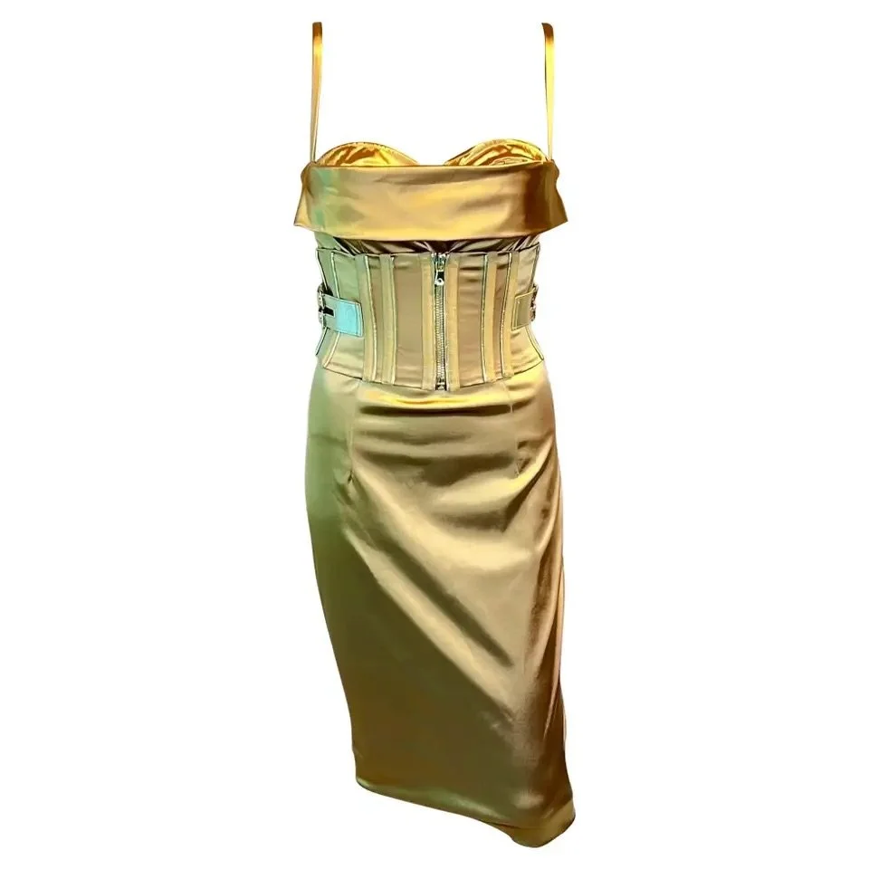 Dolce & Gabbana S/S 2007 Corset Belted Bra Bustier Bodycon Gold Acetate  Dress  OpulentAddict