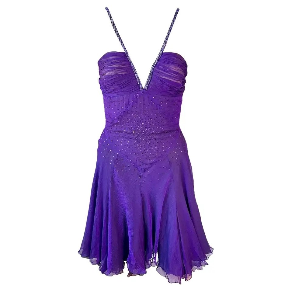 Versace c.2007 Crystal Embellished Plunging Neckline Semi-Sheer Purple Dress