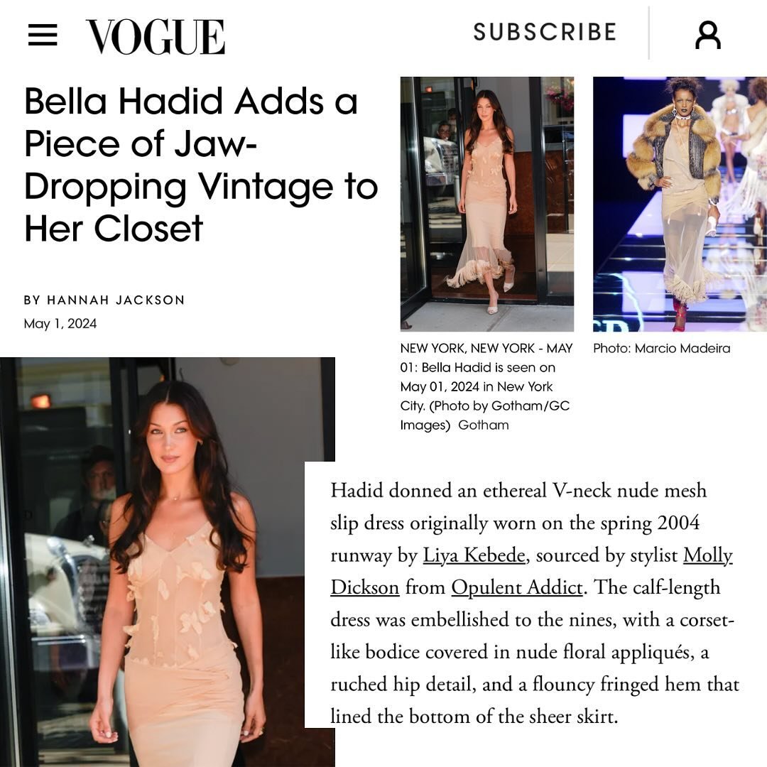 Thank you so much @hannahjacksuhn for featuring us in the new @voguemagazine article about the Christian Dior dress that Bella purchased from @opulentaddict ! 💛

@bellahadid is styled by @mollyddickson and assisted by @alexirae__ @jenna_filingeri @c