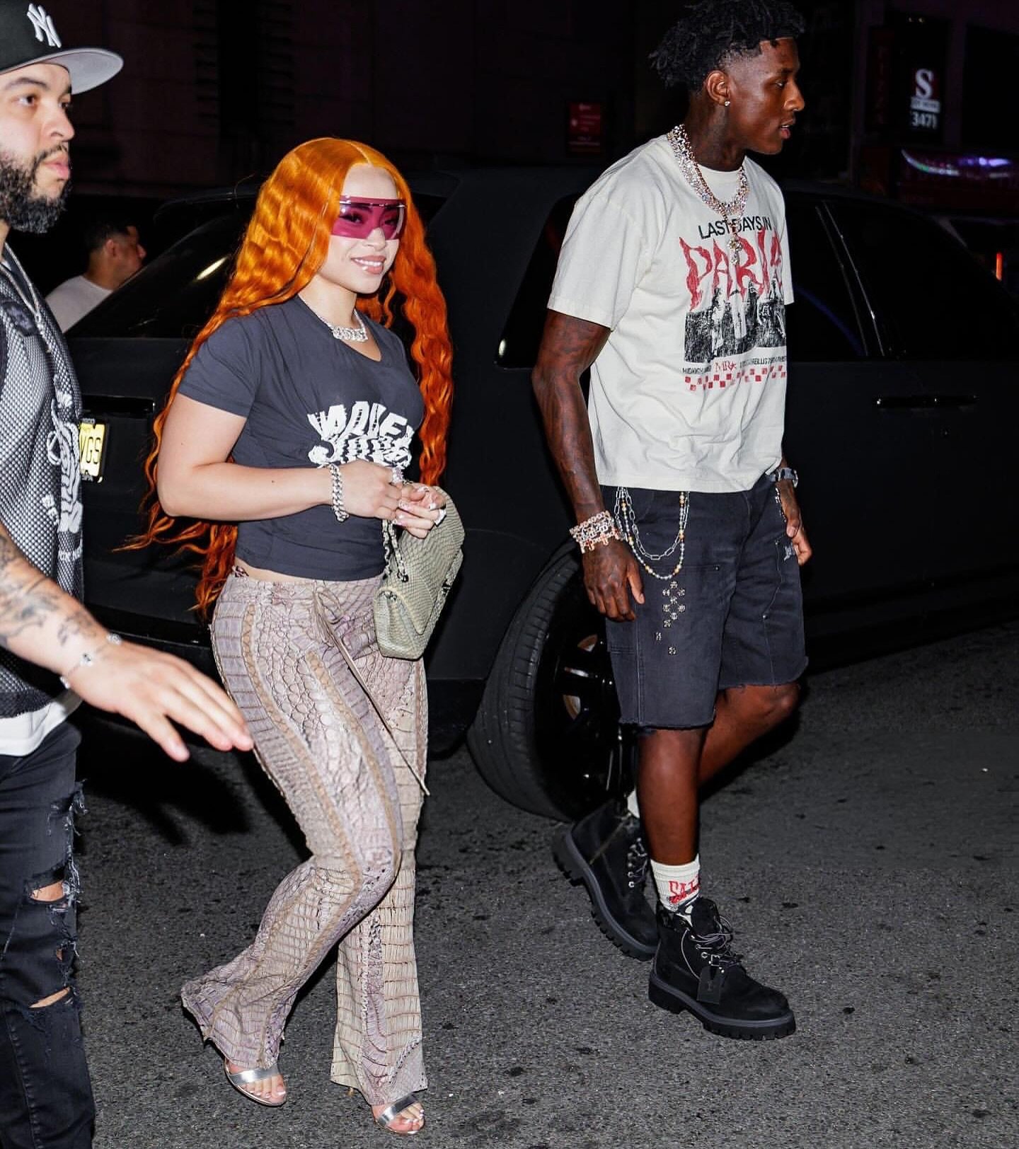 Perfect 💝 @icespice wears Roberto Cavalli Spring 2011 pants purchased from @opulentaddict while heading to the @nyknicks game with @saucegardner ! Styled by @timothyluke_ ! The work and perfect timing it took to pull off this look was INSANE!! Timot