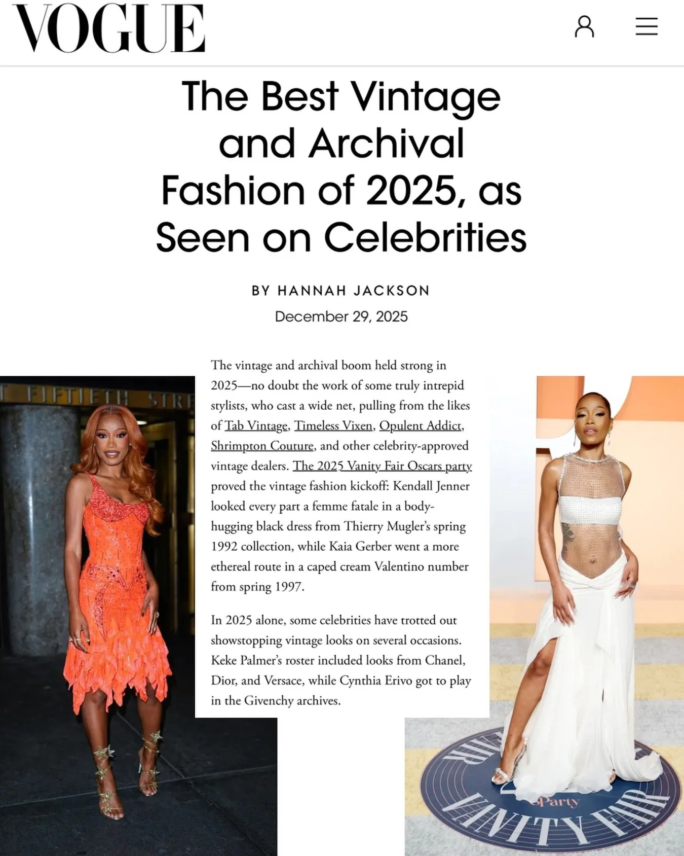 Thank you so much @hannahjacksuhn for featuring us in the new @voguemagazine article about the best vintage and archival fashion of 2025! Two of the looks featured are the Atelier Versace dresses Keke Palmer purchased from @opulentaddict ! 

@keke wa