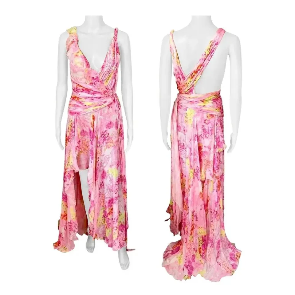 Versace S/S 2004 Runway Floral Plunged Neckline Open Back Evening Dress Gown