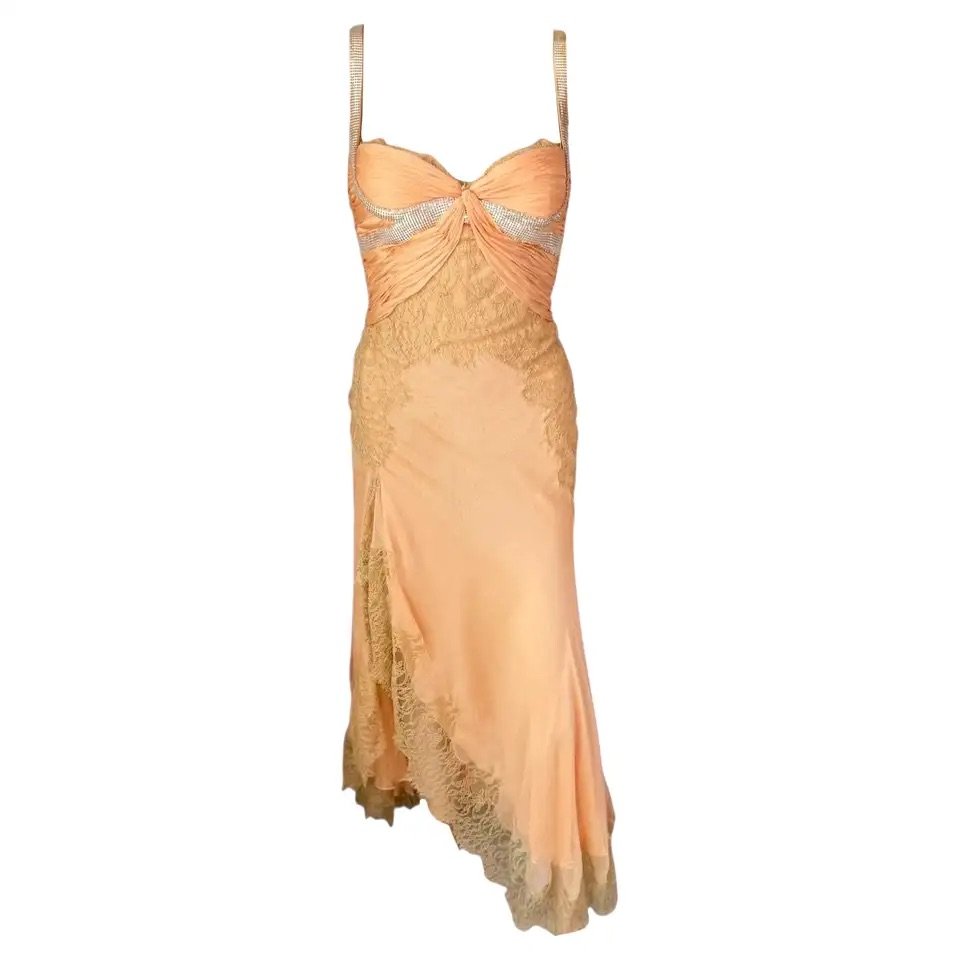 Gianni Versace S/S 2003 Runway Sheer Lace Oroton Metal Mesh Embellished Dress