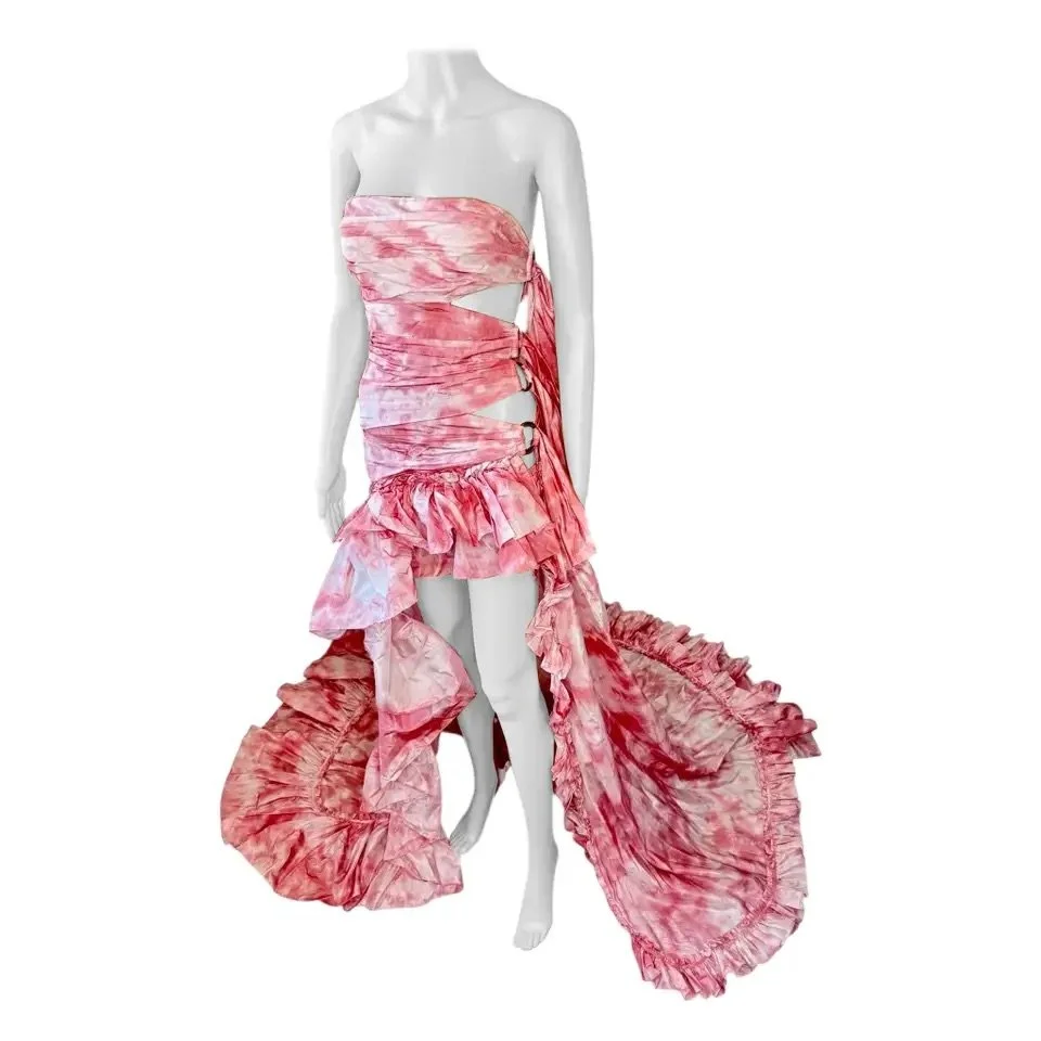 Roberto Cavalli S/S 2016 Runway Cutout High-Low Tie Dye Ruffled Train Dress